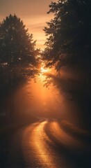 A foggy morning road surrounded by trees with soft natural blur and muted tones, evoking calm and mystery.