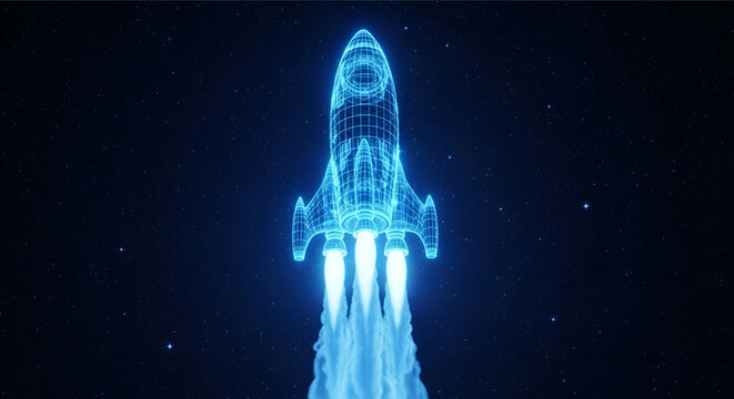 Stunning holographic rocket blasting off into dark space exploration, future innovation concept
