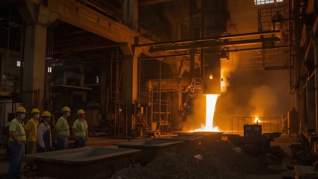 Extreme hot industrial scene: molten metal being poured in a fiery, dark steel factory or foundry environment