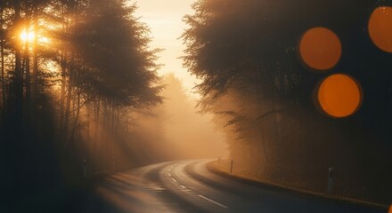 A foggy morning road surrounded by trees with soft natural blur and muted tones, evoking calm and mystery.