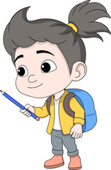 Schoolgirl Carrying Backpack and Pencil Education Cartoon Vector Illustration
