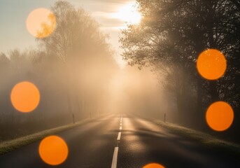 A foggy morning road surrounded by trees with soft natural blur and muted tones, evoking calm and mystery.