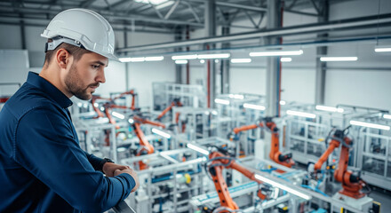 Fototapeta premium Engineer in hard hat overseeing automated robotic production line in a modern factory