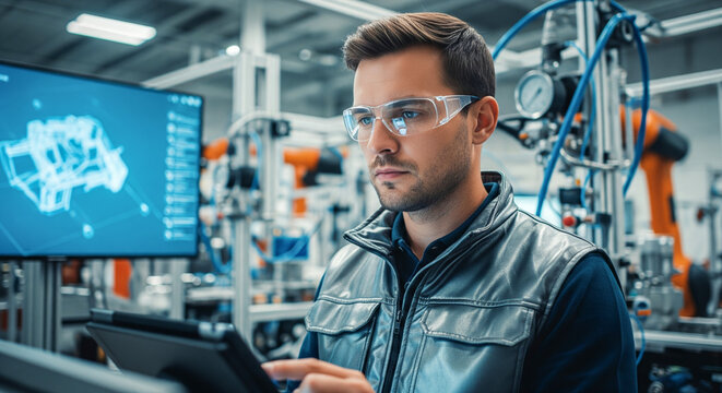 Engineer in safety glasses monitors digital twin simulation on a tablet in a smart factory