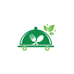 Illustration of food delivery logo showcasing a green food platter with a fork, spoon, and leaves