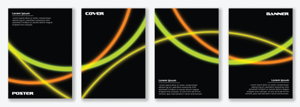 Abstract flowing light lines, modern glow effect on dark background. Creative template design for poster, cover, banner layout.