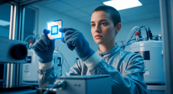 Young scientist inspecting a glowing quantum processor in a modern laboratory
