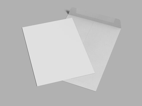 Blank White Envelope and A Paper Mockup 3D Rendering Lying Down On A Gray Background