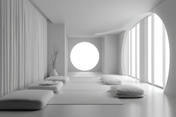 Simple Monochromatic Meditation Room for Elegant Minimalism Apps, Subtle and Elegant Gatherings. Color Theme and Style: Gentle Monochromes, Simple and Elegant Style.