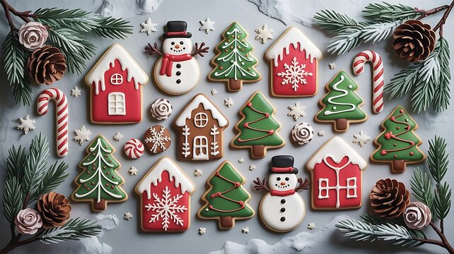Festive christmas gingerbread cookies arrangement with holiday decorations on table - Powered by Adobe