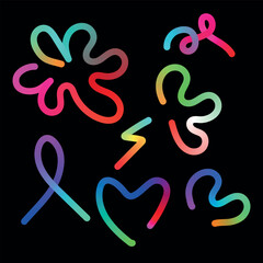 Colorful abstract shapes and symbols on a black background