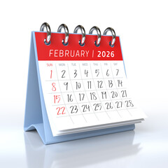 Desktop calendar showing February 2026 isolated on white background