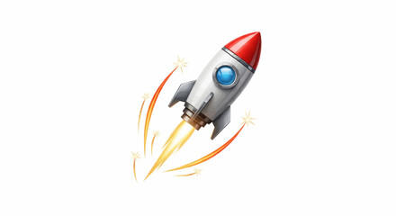 Illustrative depiction of a sleek, silver rocket ship with fins, ascending rapidly with orange and yellow flames spewing from its base against a white background, symbolizing speed and progress