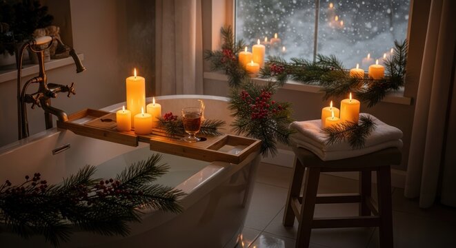 Relaxing winter bath scene with candles greenery and snow falling outside