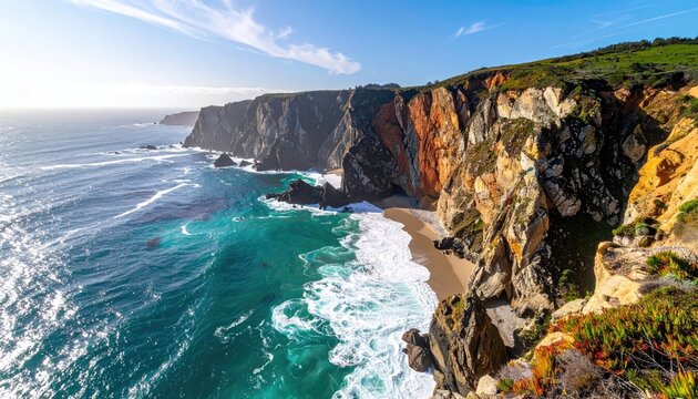 Dramatic Coastal Cliffs Meeting Turquoise Ocean Waves Under Golden Hour Sunlight With Lush Greenery And Sandy Cove - Powered by Adobe