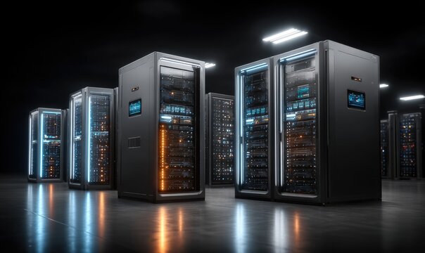 Dark server room, rows of modern computer racks