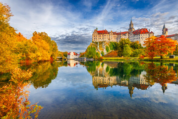 Fototapeta premium Sigmaringen, Germany. Charming autumn landscape with Danube River in Baden-Wurttemberg