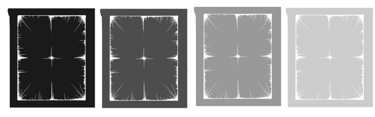 Set of four monochromatic abstract panels with intricate radiating line patterns within square frames in grayscale, modern dark technology background, data analysis, and mysterious grid design.