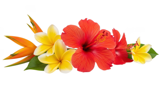 isolated white background of a beautiful arrangement of tropical red hibiscus, yellow plumeria, and orange bird of paradise flowers with green leaves. - Powered by Adobe