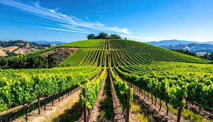 Obraz premium Expansive Rolling Vineyard Under Sunny Blue Sky with Distant Cityscape and Hills in Golden Hour
