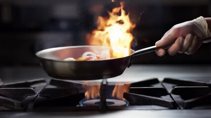 Gloved chef's hand holds pan, colorful ingredients sizzle as vibrant golden flames erupt gas burner in shadowed kitchen with bokeh, cinematic food videography concept.