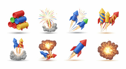 Dynamic 3D Icon Set Featuring Festive Fireworks, Rockets, and Explosions for Celebration Design and Event Promotion Assets