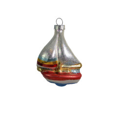 Glass Christmas tree toy in the shape of a Sailboat. Retro style