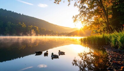 Golden Sunrise Over Misty Lake With Ducks Swimming By Autumn Trees And Distant Mountains