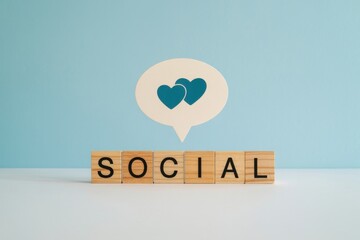 Social Media Communication and Connection Represented by Wooden Blocks and Heart Icons