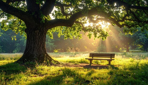 Golden Sun Rays Beam Through Large Oak Tree Canopy Illuminating a Peaceful Park Bench and Grassy Meadow Outdoors