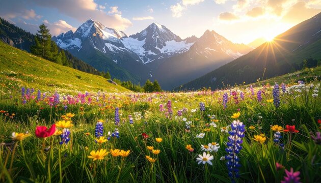 Golden Sunbeams Illuminate a Vivid Wildflower Meadow in a Majestic Mountain Valley During Sunrise