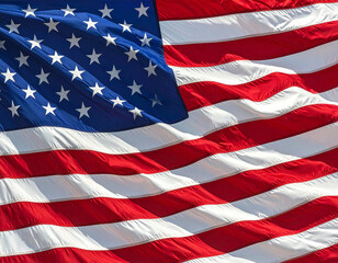 Closeup of the american flag waving in the wind, showing stars and stripes