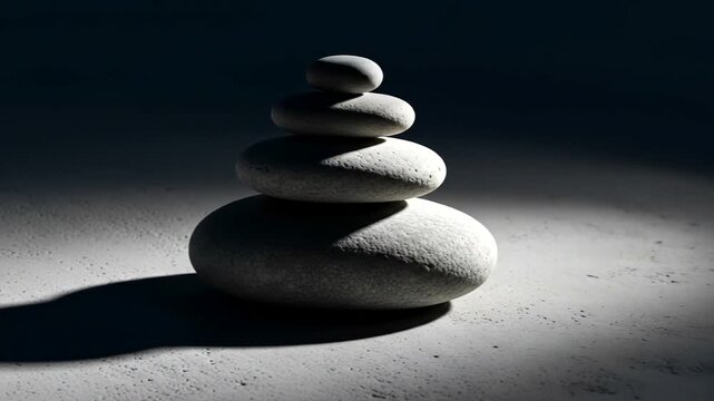 A serene stack of smooth stones casting shadows in a dimly lit environment, evoking tranquility