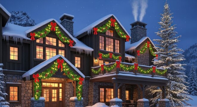 Festive christmas decorated cabin with snow covered roof and christmas tree at night