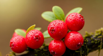 A close up of vibrant red lingonberries with water droplets and green leaves bokeh