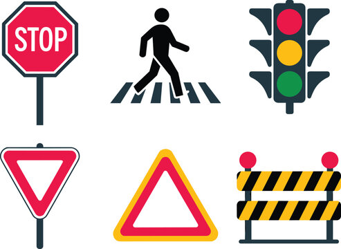 Traffic signs stop yield warning and pedestrian crossing symbols stop sign yield sign