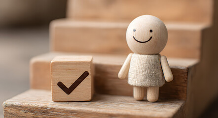 Wooden professional management figure smile and standing on second step of stair with tick checkmark for work task and project planing progressive concept.
