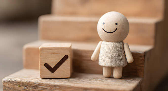 Wooden professional management figure smile and standing on second step of stair with tick checkmark for work task and project planing progressive concept.