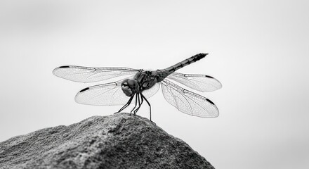 Close up black and white image of a dragonfly perched on a textured rock