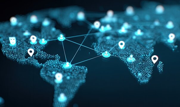 Global network map, glowing points, connections