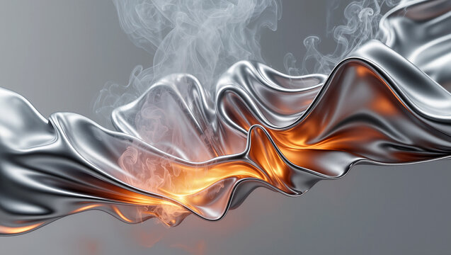 Metal flows with fiery glow under swirling wisps of smoke