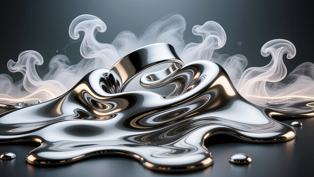 Liquid metal forming elegant shapes with swirling mist at dawn