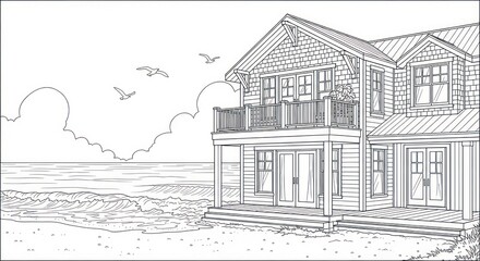 Coastal house illustration architectural design by the sea