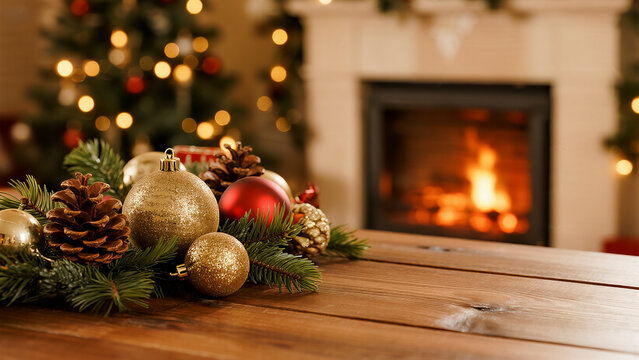 A bright, beautiful background of festive decorations on a wooden table, with ample blurred copy space