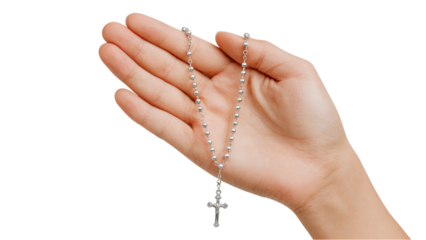 Hand Holding Silver Rosary Beads - Faith and Spirituality