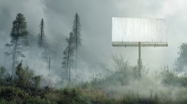 Blank billboard in smoky forest
