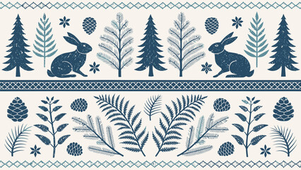 Decorative pattern featuring rabbits, pine trees, pine cones, flowers, and ferns in a symmetrical layout silhouette