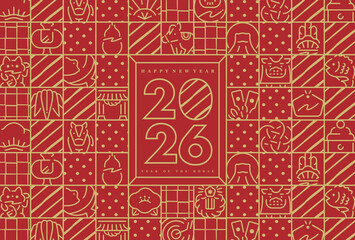 和モダン年賀スタイルの2026年縁起の良い馬と金の幾何学線によるフレーム背景バックグラウンド