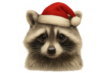 Raccoon wearing a red santa hat, celebrating christmas and winter holidays, isolated on a transparent background