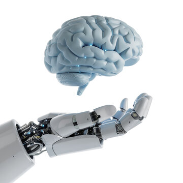 A robotic hand holding a glowing, floating AI brain, representing integration. isolated on white background